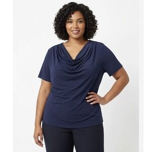 New Jones New York size 3X Navy Draped Cowl Neck Stretch Knit Elegant Top